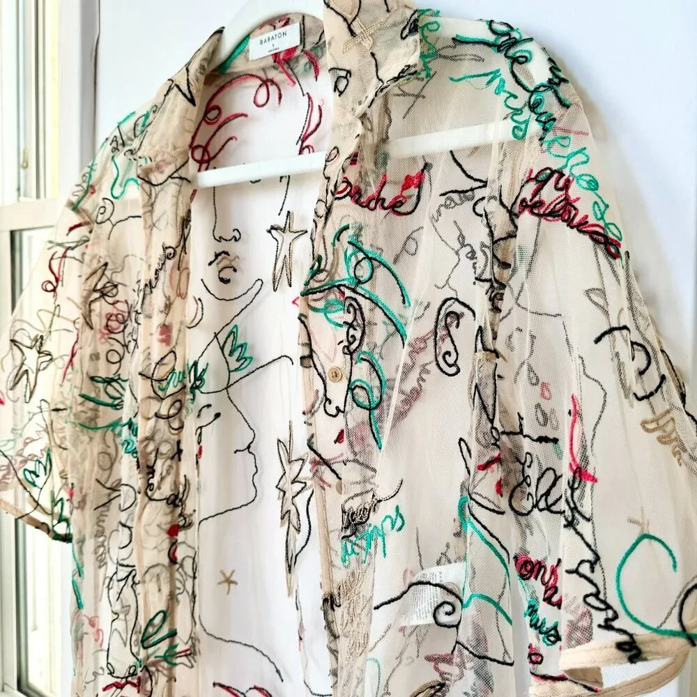 Aritzia Babaton Sheer Abstract Print Button Down Short Sleeve Shirt Embroidered - Picture 4 of 9